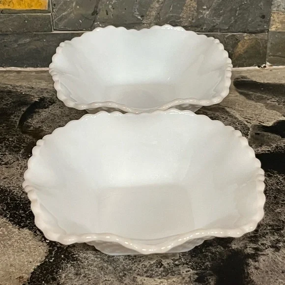 Vintage 1950s Fenton Diamond Cut Scalloped 6” White Milk Glass Candy Nut Dish’s - Picture 1 of 13